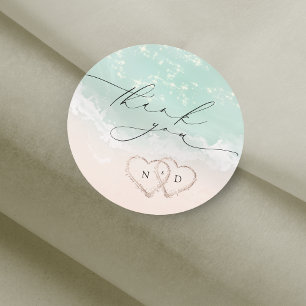 Sticker Rond Script moderne Sand Hearts Plage Mariage Merci