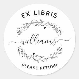 Sticker Rond Script Nom de famille Rustique Feuille Ex Libris L