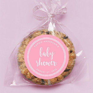 Sticker Rond Script rose et Baby shower en bandes blanches
