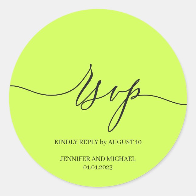 Sticker Rond Script Signature Elegant Wedding RSVP Cyber Lime (Devant)