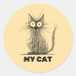 Sticker Rond Scruffy Scribble Cat – Minimalist Whimsy