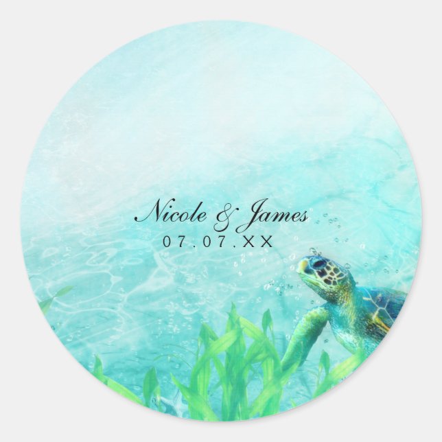Sticker Rond Sea Turtle Ocean Beach Art Mariage Personnalisé Fa (Devant)