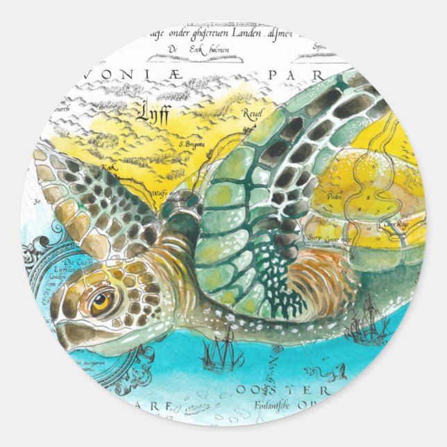 Sticker Rond Sea Turtle Watercolor (Devant)