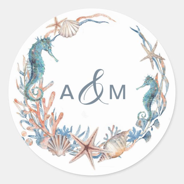Sticker Rond Sea Wreath | Initiales des couples côtiers (Devant)