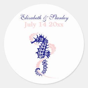 Sticker Rond Seahorse marine bleu, mariage rose Enregistrer la 