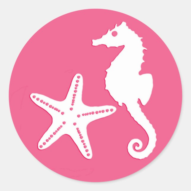 Sticker Rond Seahorse & Starfish, Fuchsia rose et blanc (Devant)