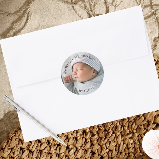 Sticker Rond Seal photo bébé de bienvenue (Welcome Aboard Envelope seal with personalized baby photo and name)