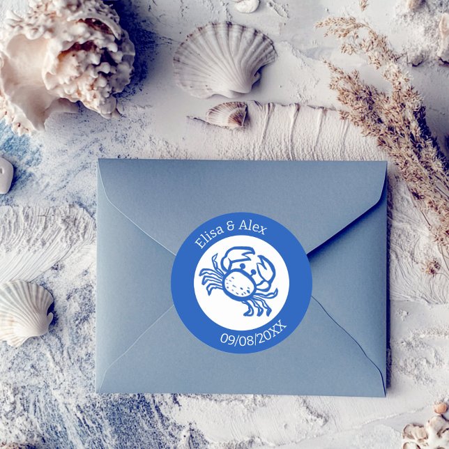 Sticker Rond Seashell Beach Wedding Bleu Blanc CUSTOM (Seashell Beach Wedding Blue White CUSTOM Classic Round Sticker
)