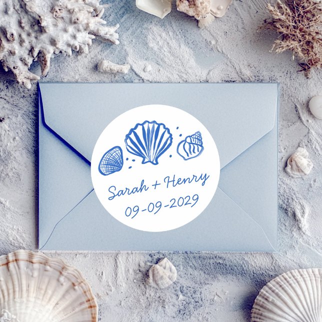 Sticker Rond Seashells Beach Wedding Blue White CUSTOM  (Seashells Beach Wedding Blue White CUSTOM Classic Round Sticker
)