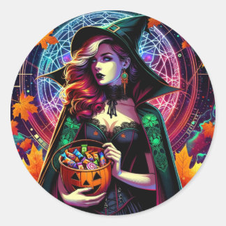 Sticker Rond Seau de bonbons sorcière néon Mandala classique ro