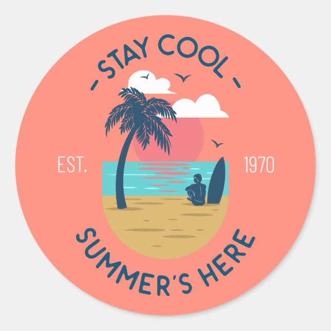 Sticker Rond Séjournez Cool Summer's Here Beach Sunset (Devant)