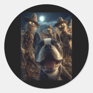 Sticker Rond Selfie de Boston Terrier avec des épouvantails eff