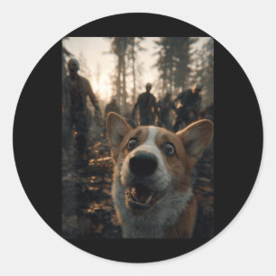 Sticker Rond Selfie de Corgi drôle avec des zombies dans une fo