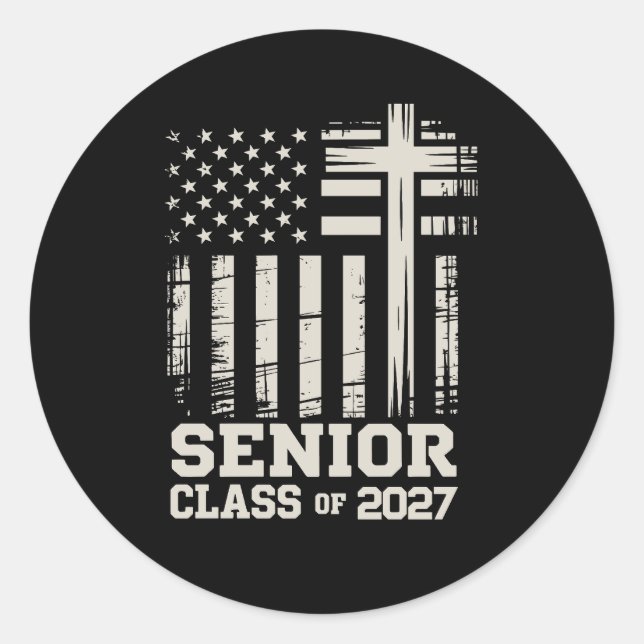 Sticker Rond Senior Class Of 2027 USA Flag Cross Christian Grad (Devant)