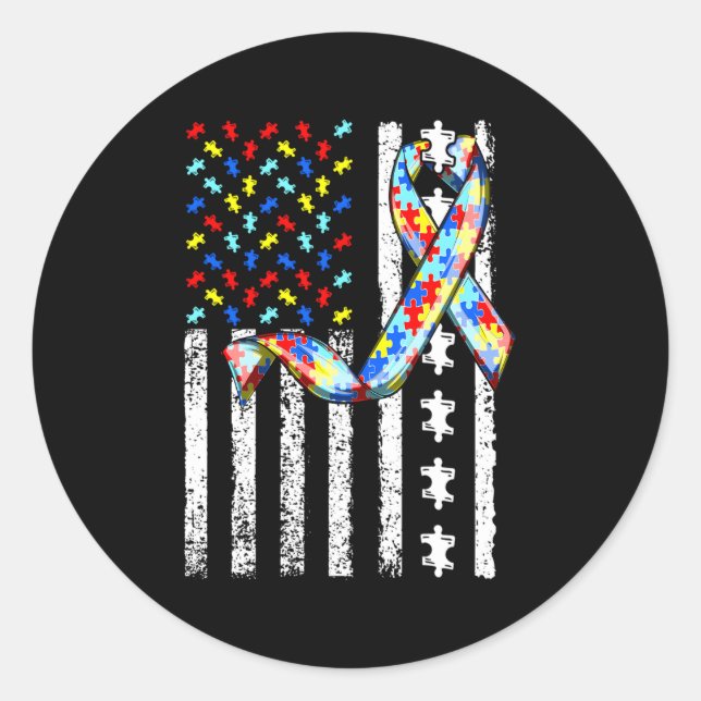 Sticker Rond Sensibilisation sur l'autisme américaine drapeau a (Devant)