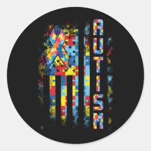 Sticker Rond Sensibilisation sur l'autisme Drapeau américain Dr