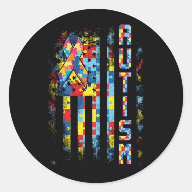 Sticker Rond Sensibilisation sur l'autisme Drapeau américain Dr (Devant)