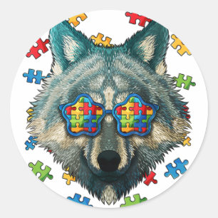 Sticker Rond Sensibilisation sur l'autisme Wolf Puzzle Lunettes