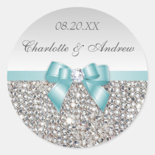 Sticker Rond Séquences d'argent Bow Turquoise et Mariage de dia