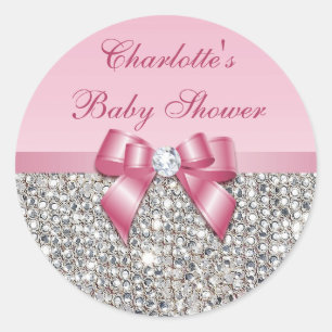 Sticker Rond Séquins d'argent Baby shower de diamant Bow rose