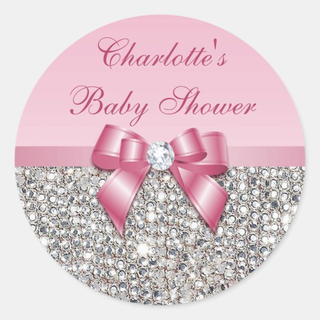 Sticker Rond Séquins d'argent Baby shower de diamant Bow rose (Devant)