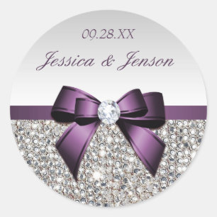 Sticker Rond Séquins d'argent Bow pourpre et Mariage de diamant