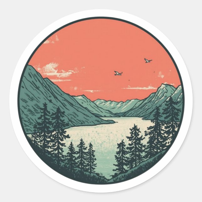 Sticker Rond Serene Nordic Landscape Art (Devant)