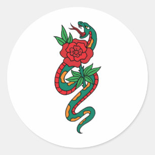 Sticker Rond Serpent enveloppé autour d'un tatouage rose rouge