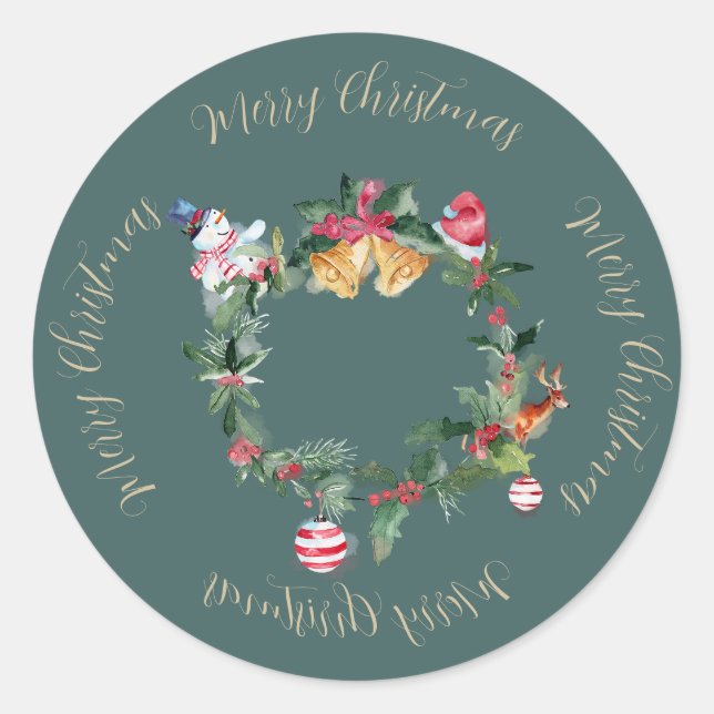 Sticker Rond Serre de Noël avec cloches et Holly (Devant)