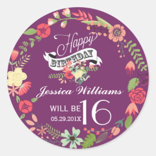 Sticker Rond Serre Florale Colorée Sur Violet Joyeux Anniversai