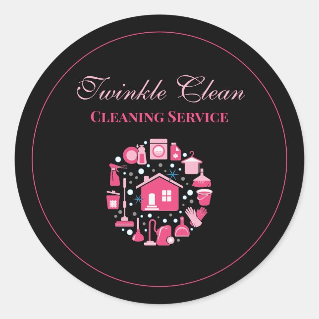 Sticker Rond Service de nettoyage des fournitures en noir rose (Devant)