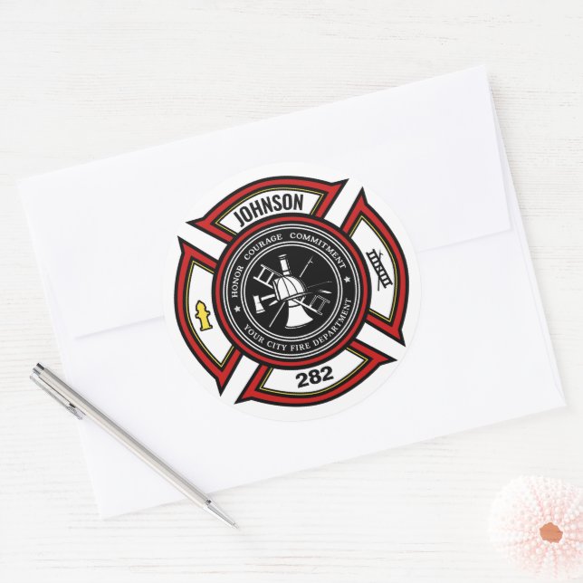 Sticker Rond Service d'incendie AJOUTER LE NOM Pompier Insigne  (Enveloppe)