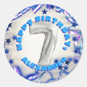Sticker Rond Seventh Birthday Boys Seven Years Old Party