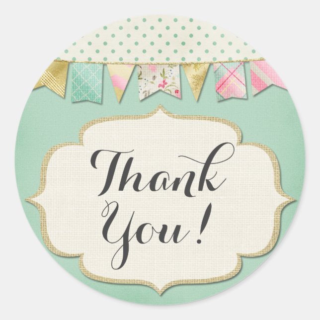 Sticker Rond Shabby Chic Boutique Bunting en Merci rose (Devant)