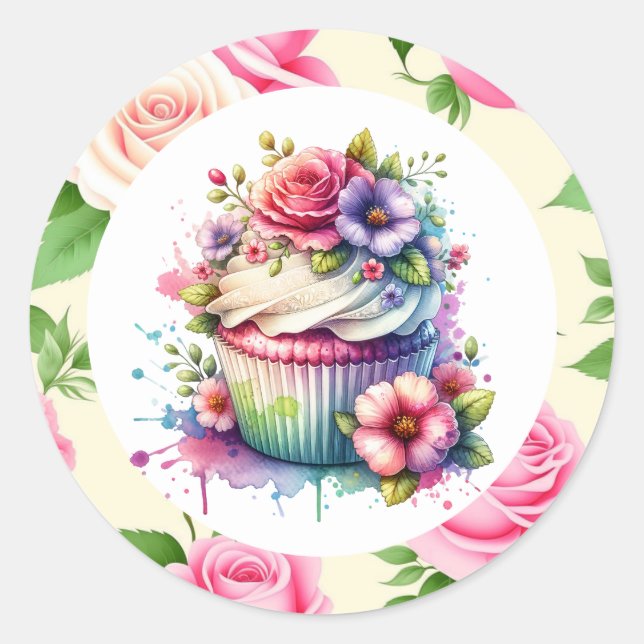 Sticker Rond Shabby Chic Floral Cupcake (Devant)