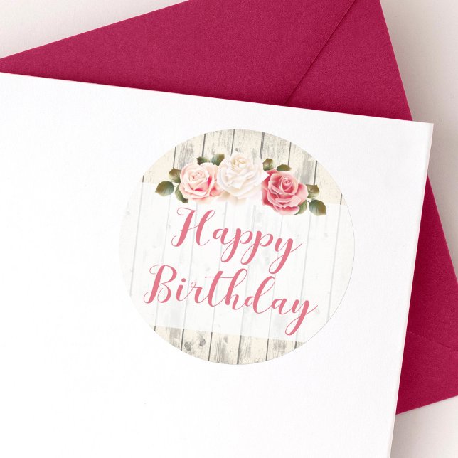 Sticker Rond Shabby Chic Rose Rustic Wood Joyeux anniversaire (Créateur téléchargé)