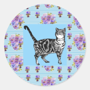 Sticker Rond Shabby Chic Tabby Chat Pastel Stick Stripe