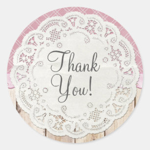 Sticker Rond Shabby Cottage Chic Doily sur Merci en bois rustiq