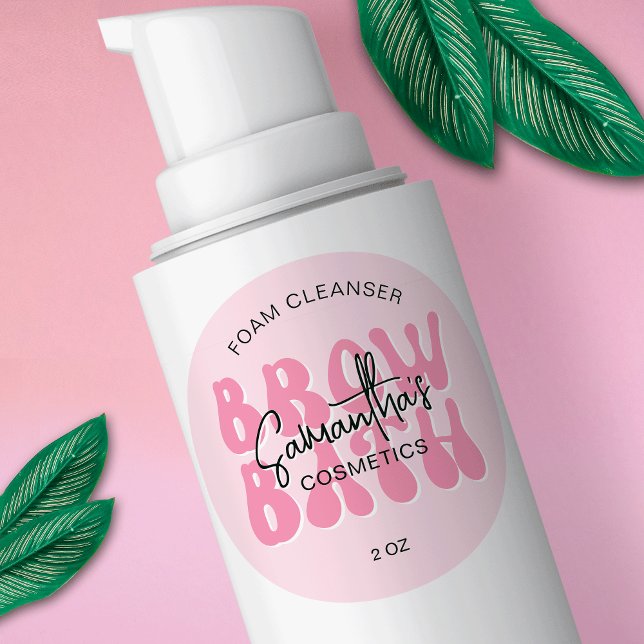 Sticker Rond Shampooing rose esthétique rétro Brow Eyebros (Trendy eyebrow foam bottle packaging design in pink retro style design)