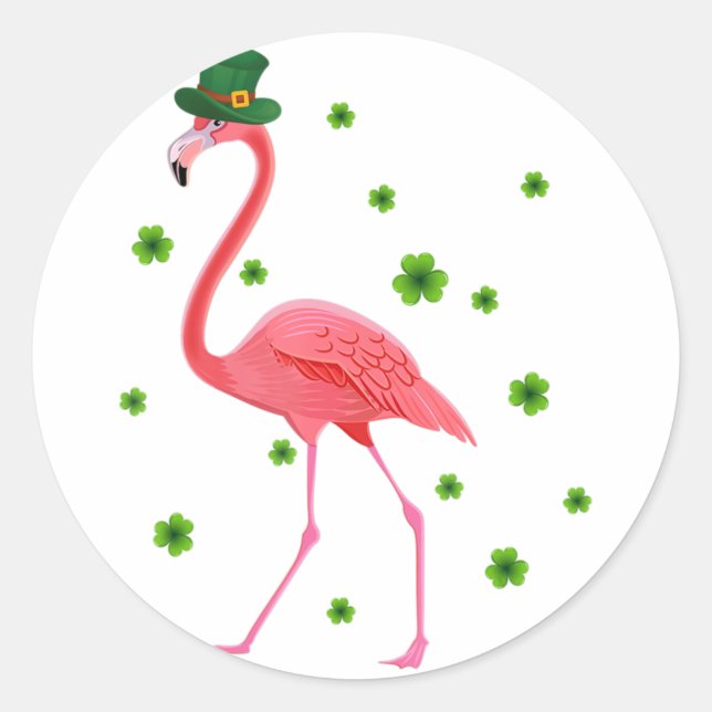 Sticker Rond Shamrock Flamant rose Jour de la Saint Patrick Fla (Devant)