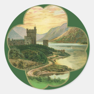 Sticker Rond Shamrock vintage Lucky Gold avec château irlandais