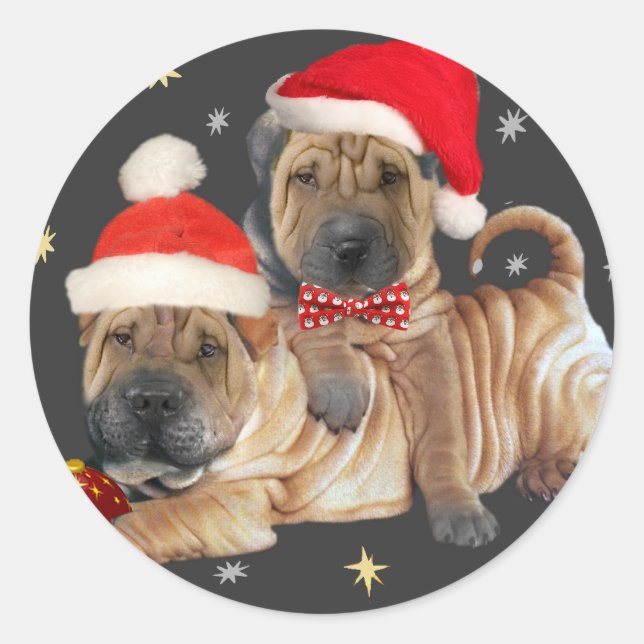 Sticker Rond Shar-pei chinois Un joyeux cadeau de Noël (Devant)