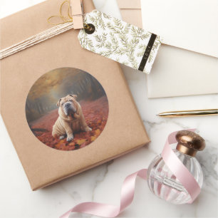 Sticker Rond Shar Pei dans les feuilles d'automne tombent inspi