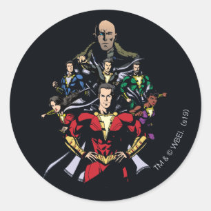 Sticker Rond SHAZAM !   Shazam Family Vs. Dr Sivana