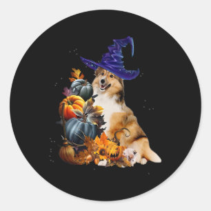 Sticker Rond Sheltie Chien Sorcière Et Citrouille Halloween Tha