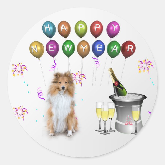 Sticker Rond Sheltie Dog Bonne année (Devant)