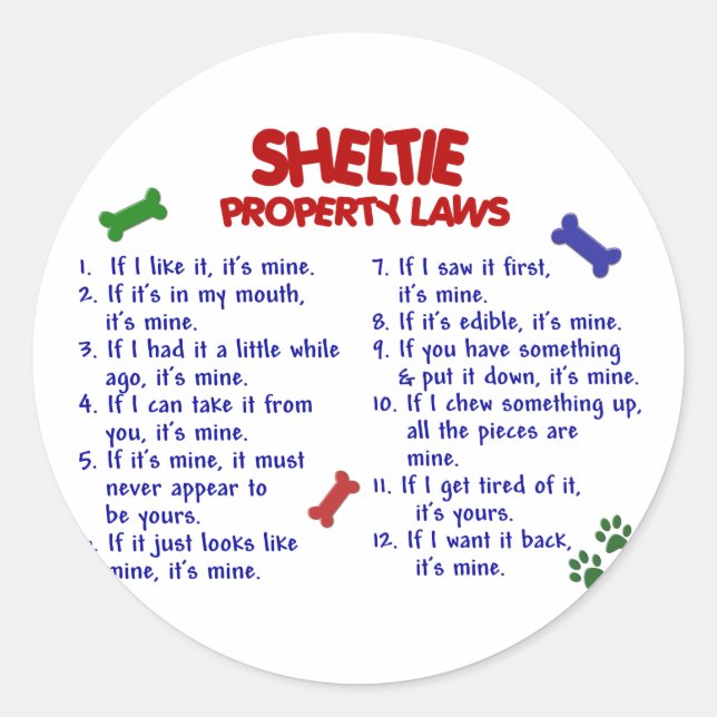 Sticker Rond SHELTIE, lois sur les propriétés 2 (Devant)