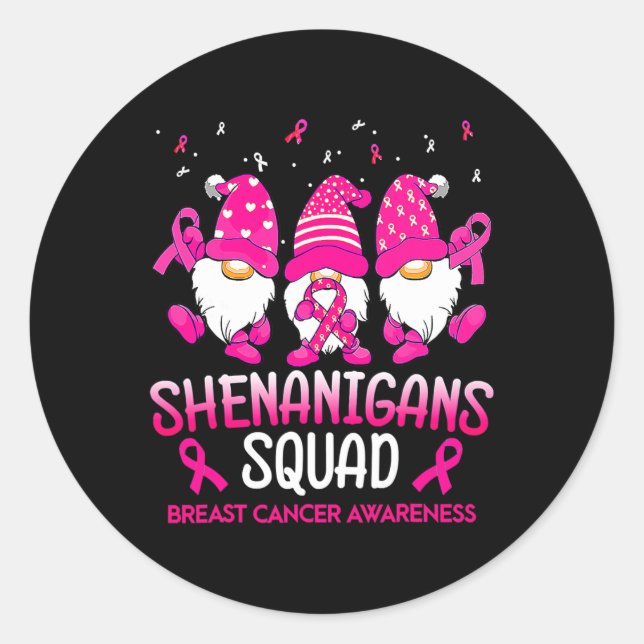 Sticker Rond Shenanigans Squad Gnomes Pink Ribbon Cancer du Sei (Devant)
