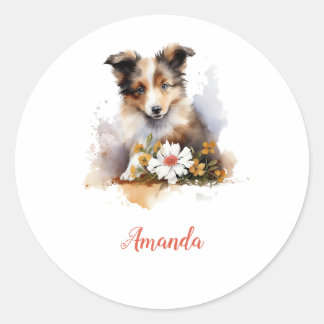 Sticker Rond Shetland Sheepdog Chiot Pet Aquarelle