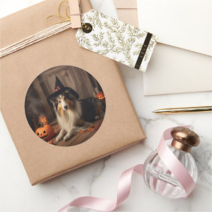 Sticker Rond Shetland Sheepdog Citrouille Halloween effrayant